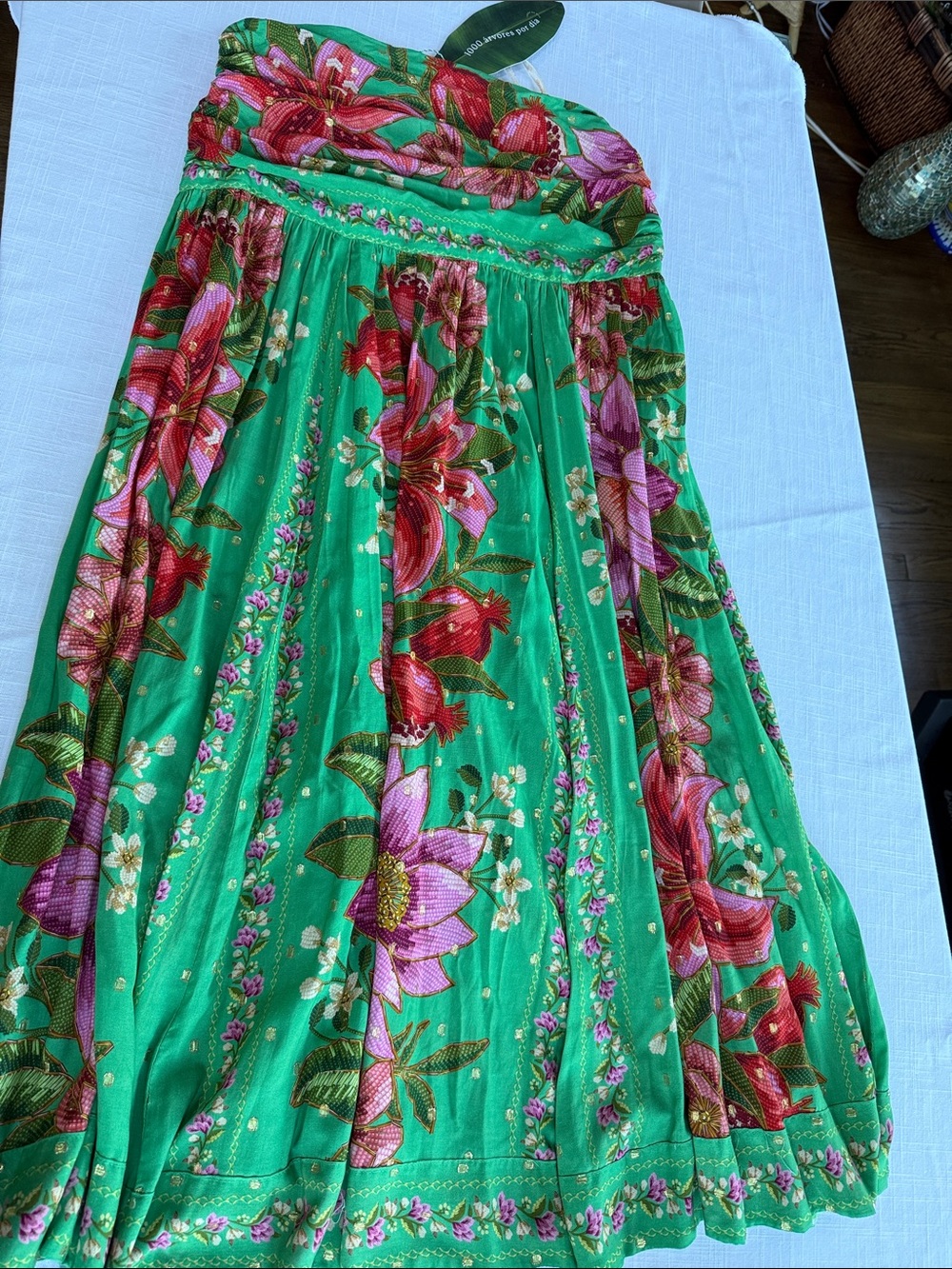 FARM Rio Green Floral Circle Skirt with Pink & Red Blooms
